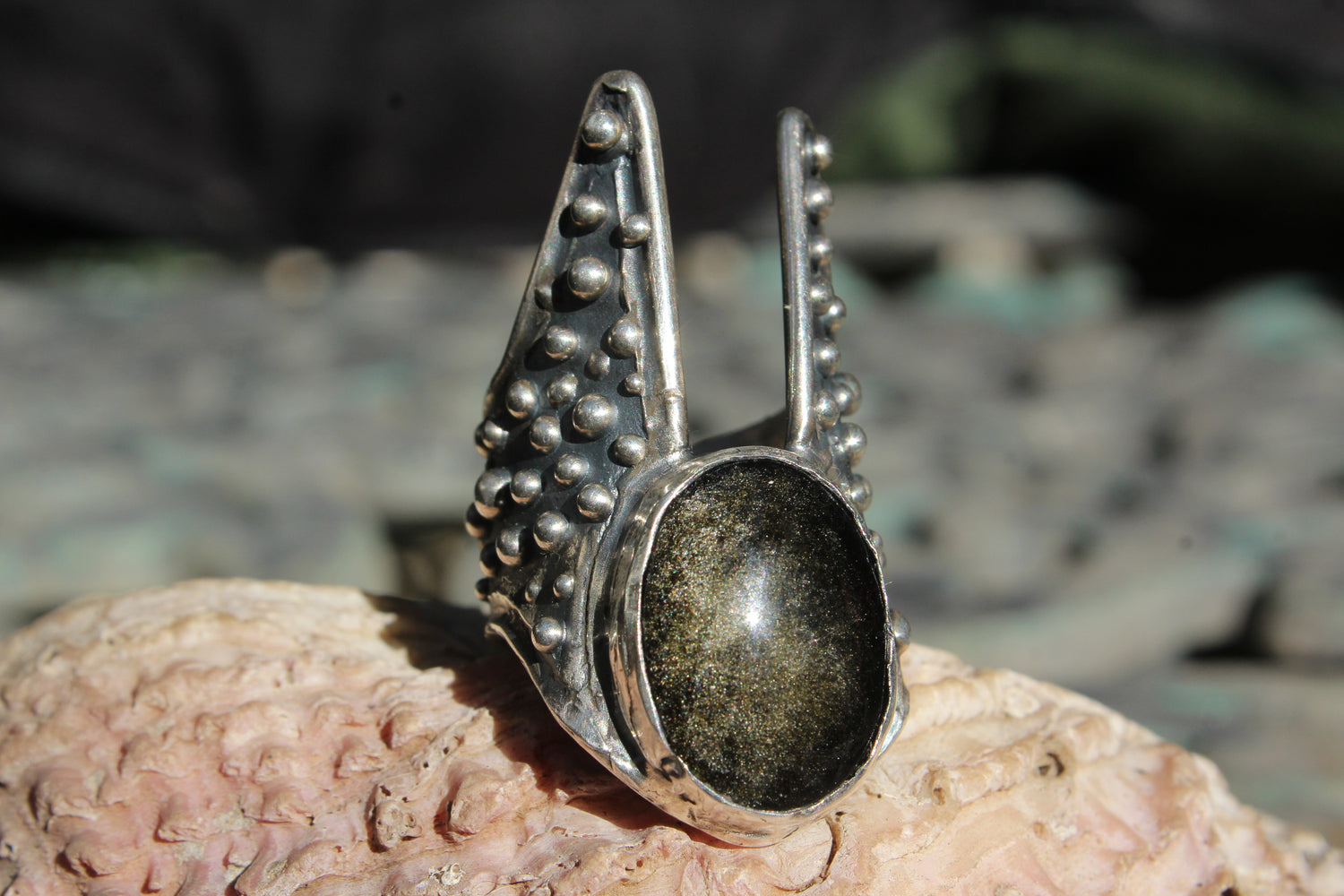 Anillo plata .925 con Obsidiana Dorada y Bolitas